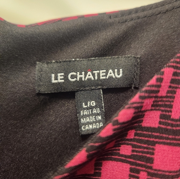 Le Chateau Pink and Black Ruched Geometric Midi Dress - Picture 3 of 4